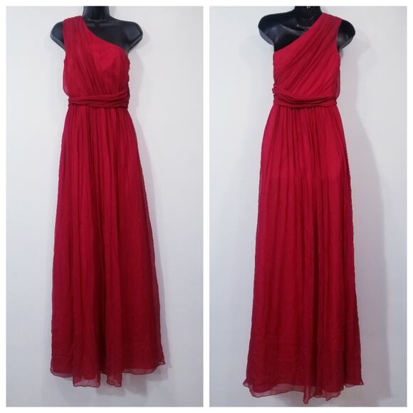 Jay Godfrey 100% Silk Red Chiffon One Shoulder Long Gown - Picture 1 of 10